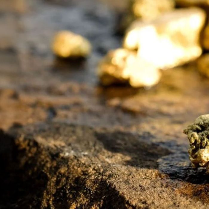 Kayalık zemin üzerinde duran, madencilik yöntemleriyle çıkarılmış parlak ve ham altın parçaları.