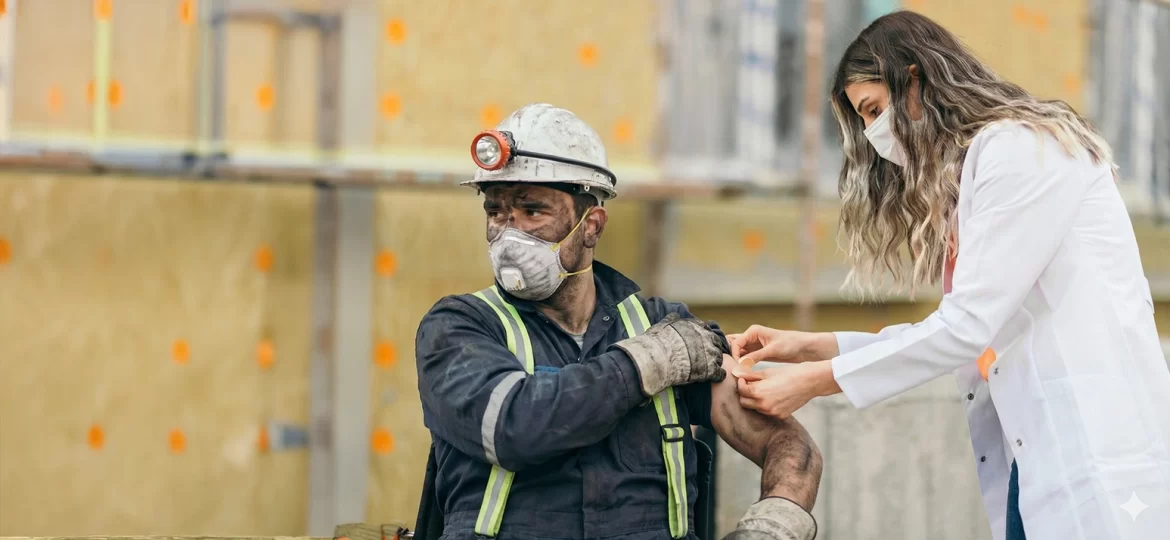 Maden işe giriş sağlık raporu alması gereken baretli maden işçisi ve iş güvenliği ekipmanları.