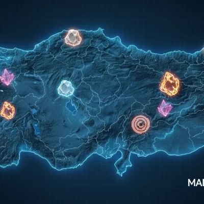 2026 yılı güncel Türkiye maden haritası üzerinde bor, altın, krom ve bakır rezervlerinin il bazlı dağılımını gösteren teknik infografik.