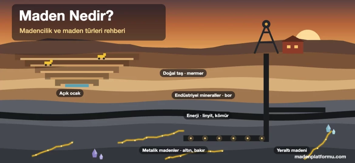 Maden nedir: açık ocak ve yeraltı madeni, doğal taş, endüstriyel mineral, kömür ve altın damarlarını gösteren yer kesiti illüstrasyonu