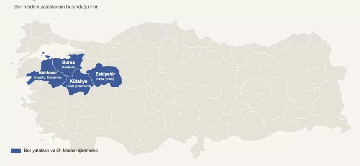 Türkiye bor yatakları haritası: Eskişehir (Kırka), Kütahya (Emet), Balıkesir (Bigadiç, Bandırma) ve Bursa (Kestelek) bor bölgeleri olarak işaretli il bazlı harita