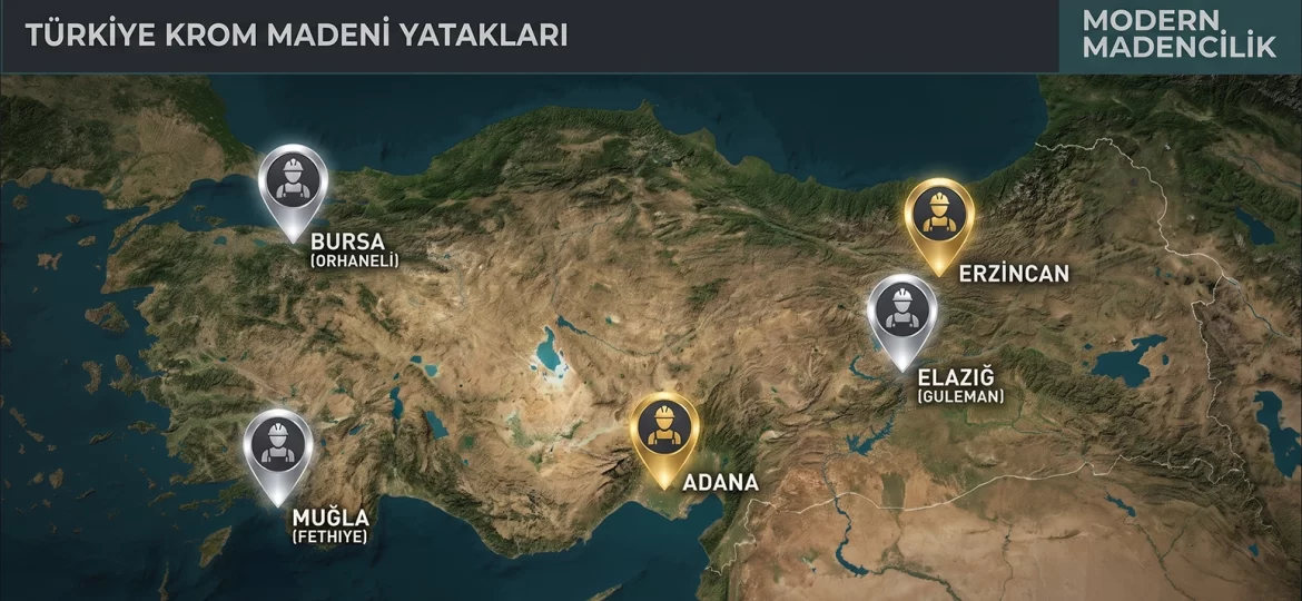 2026 güncel Türkiye krom yatakları haritası üzerinde Elazığ, Muğla, Adana ve Bursa kromit rezervlerini gösteren görsel.