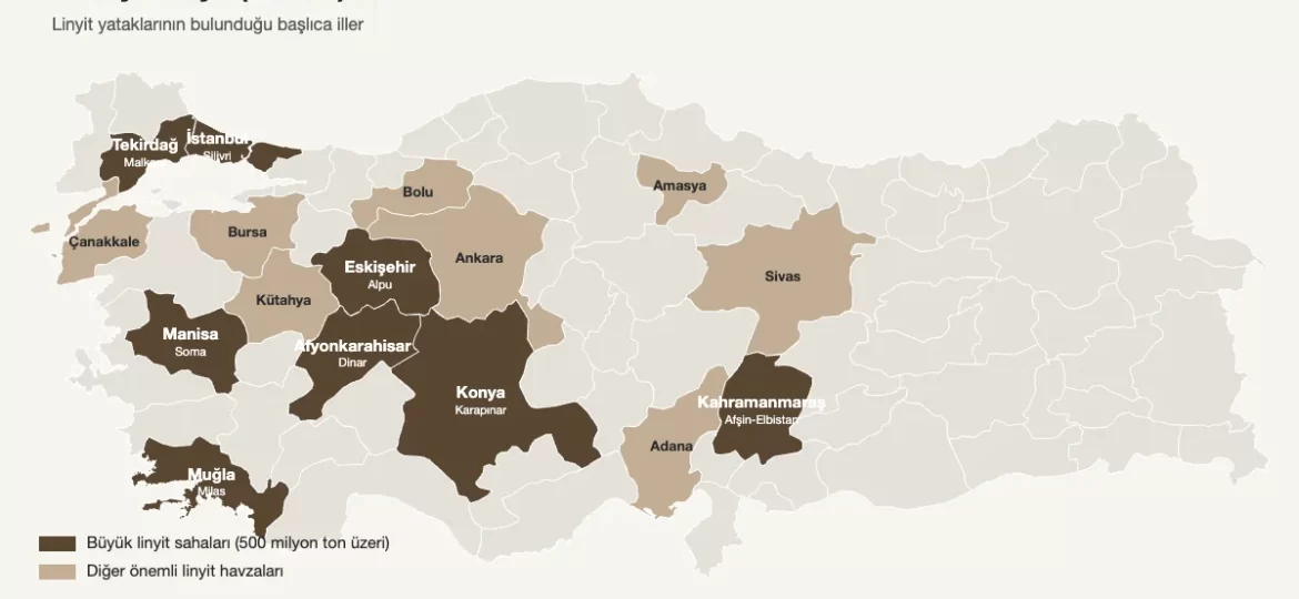 Türkiye linyit haritası: Kahramanmaraş (Afşin-Elbistan), Konya (Karapınar), Tekirdağ, Eskişehir (Alpu), İstanbul (Silivri), Afyonkarahisar, Manisa (Soma) ve Muğla büyük linyit sahaları olarak işaretli il bazlı harita
